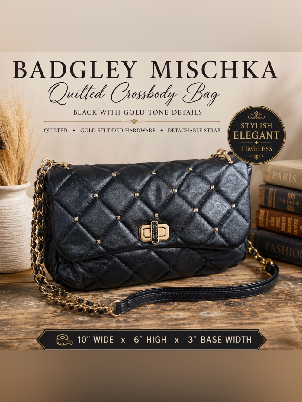 Badgley Mischka Quilted Crossbody Bag in black with Gold tone Details